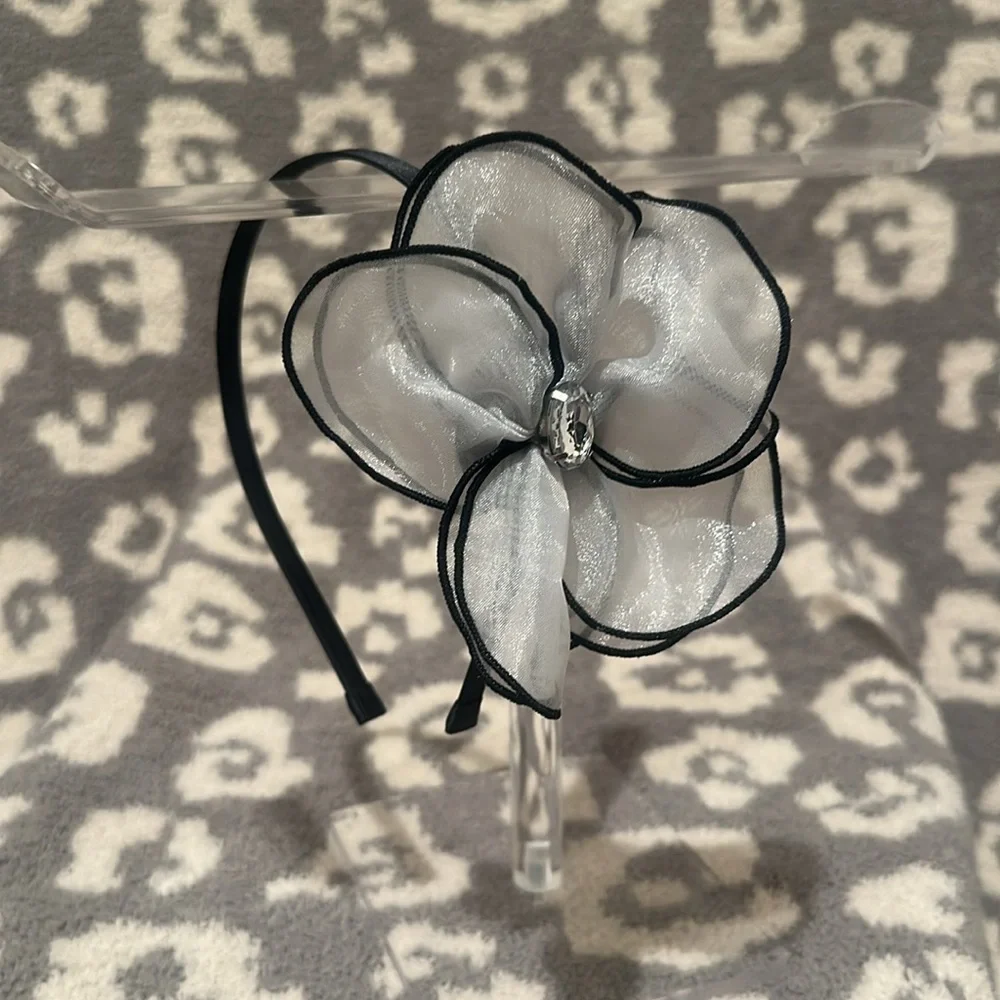 Tasha Black Band with Elegant Sheer White Flower with Clear Rhinestone Headband - Picture 13 of 17